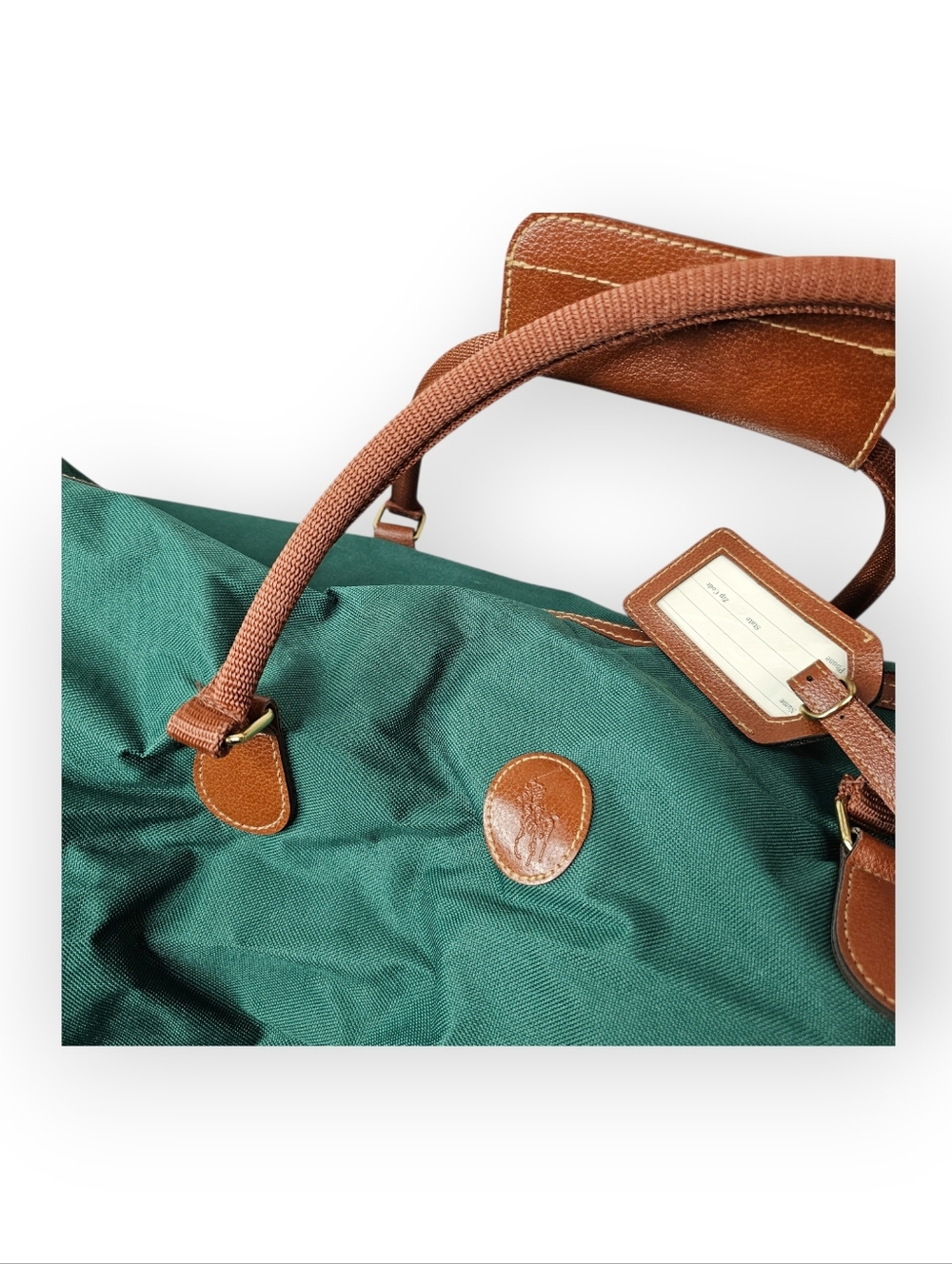 Vintage Polo Ralph Lauren Green Duffle Bag Leather Trim Travel Gym Bag - Picture 3 of 5